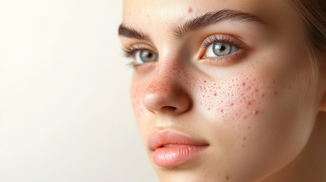 A Close-Up of A Young Woman Showing Acne Pustules on Her Cheeks