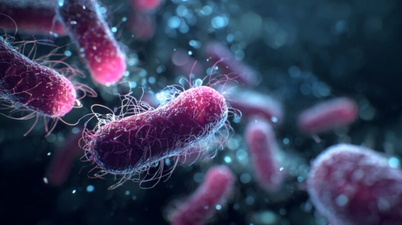 Microscopic 3D rendering of rod-shaped bacteria with hair-like filaments, floating in a bluish environment