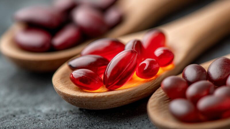 Close-up of red dietary supplement capsules on wooden spoons, resembling blood droplets