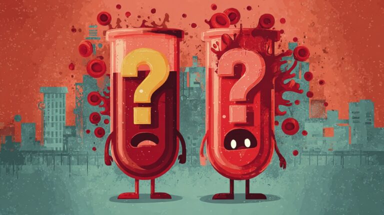 Illustration of two animated blood vials with question marks and worried expressions, symbolizing confusion about blood types