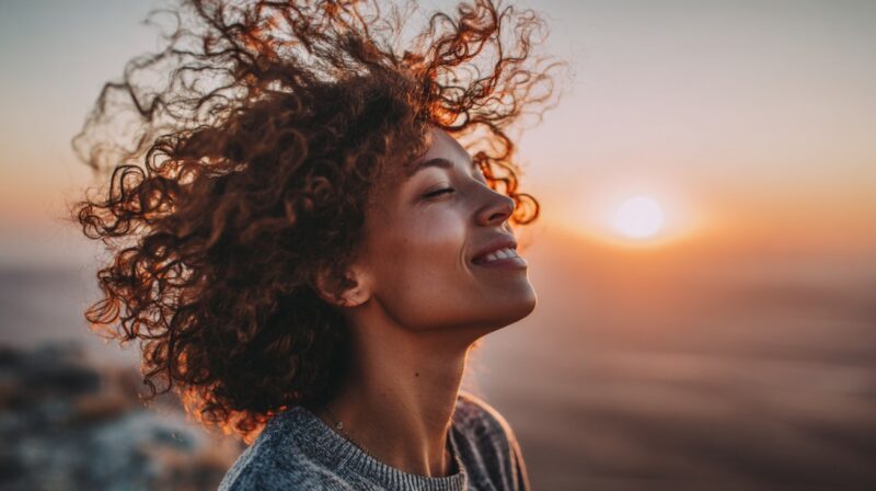 Smiling person with curly hair blowing in the wind at sunset, eyes closed in peaceful contentment