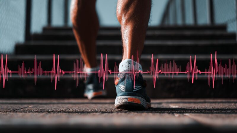 Close-up of a runner’s legs and shoes on stairs with a red heart rate graph overlay symbolizing health and fitness