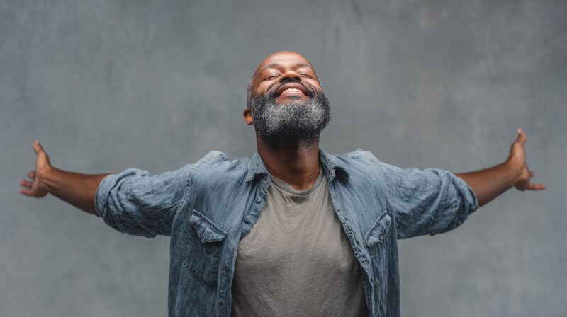 Smiling man with outstretched arms looking upward, expressing happiness and freedom against a gray background