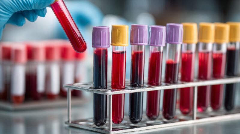 Row of blood sample tubes in a laboratory rack, with a gloved hand holding one test tube filled with red liquid
