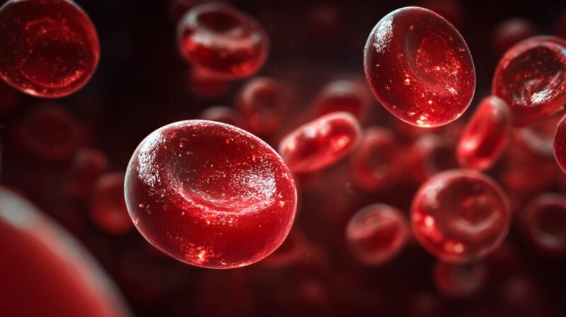 Close-up 3D illustration of red blood cells floating through the bloodstream