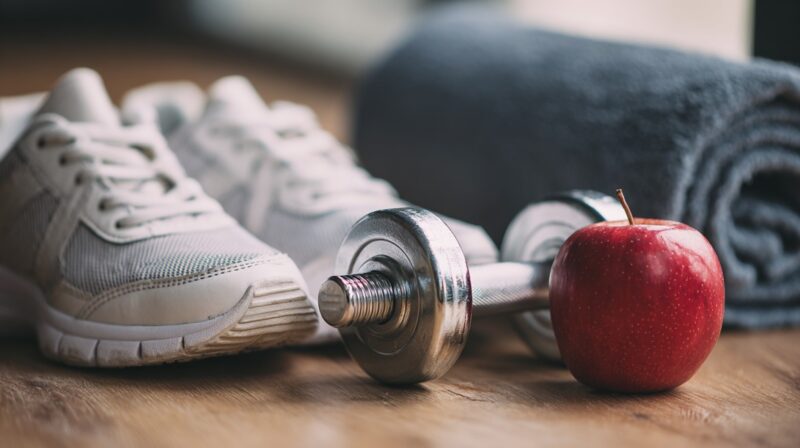 Close-up of workout essentials including sneakers, a dumbbell, a red apple, and a towel on a wooden floor