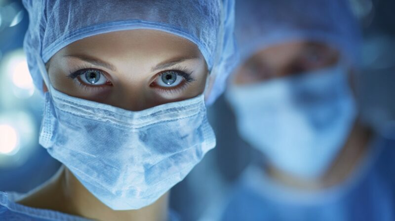 Close-up of surgeon in mask and scrubs in an operating room