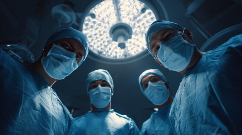 Team of surgeons in operating room under surgical light