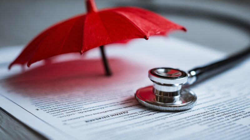 Stethoscope and red umbrella on top of a health insurance policy document