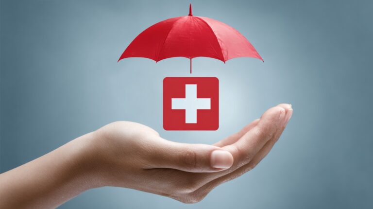 Hand holding a red medical cross symbol under a red umbrella, symbolizing health insurance protection