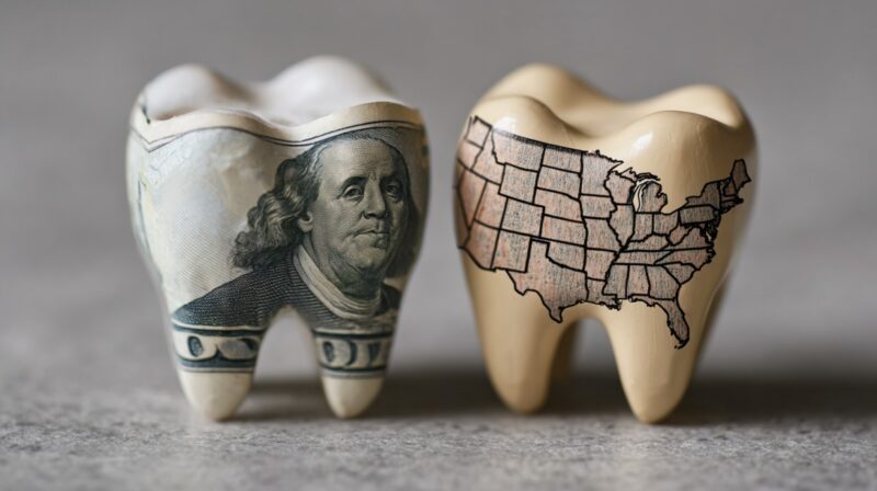 Two tooth-shaped models, one with a $100 bill design showing Benjamin Franklin, the other with a U.S. map, symbolizing the link between dental costs and geography