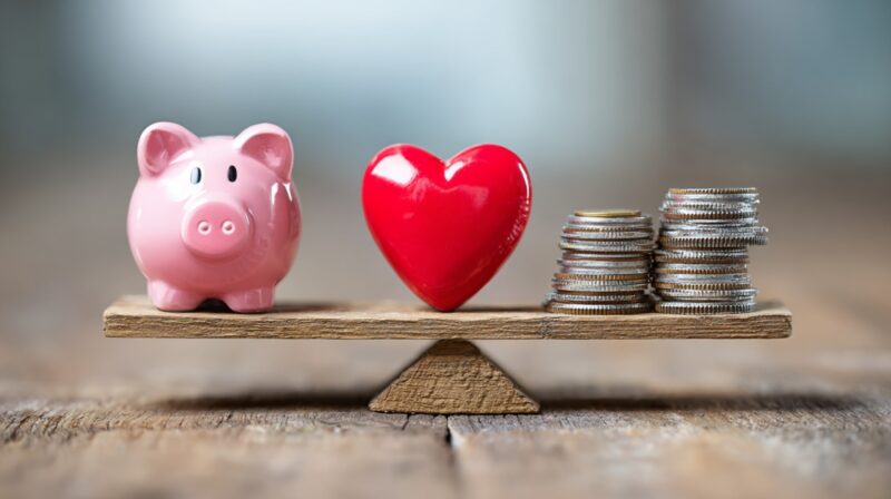 A piggy bank, a red heart, and stacks of coins balanced on a wooden seesaw, symbolizing the trade-off between healthcare costs and insurance coverage