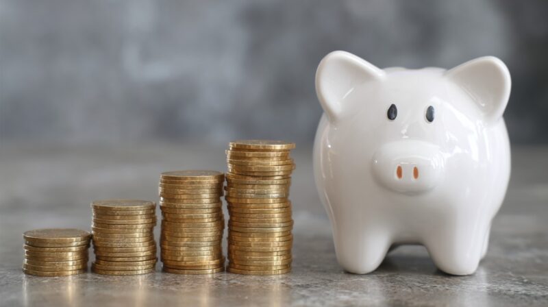 A white piggy bank next to stacks of coins increasing in height, symbolizing rising dental expenses