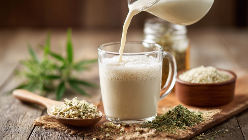 A glass of hemp milk poured beside hemp seeds and plant leaves on a wooden board