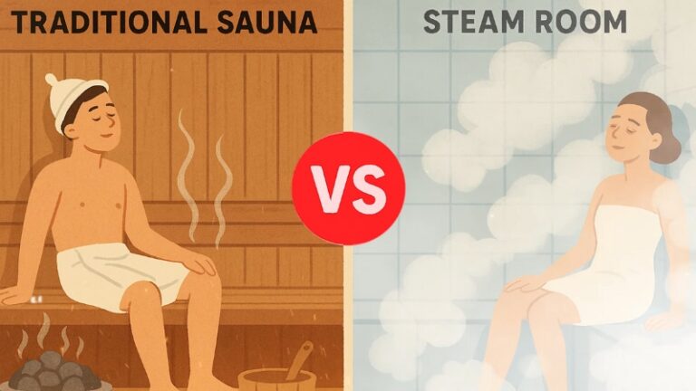 Sauna vs steam room comparison image showing one person in dry heat and another in moist heat