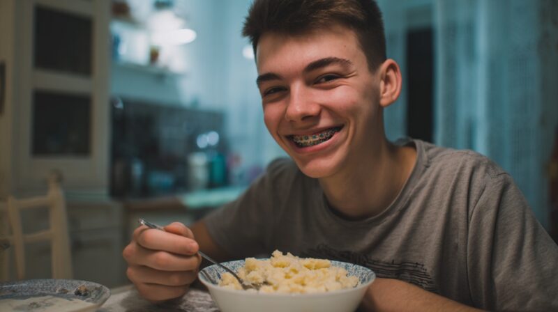 Teen with braces smiling while eating a bowl of soft food