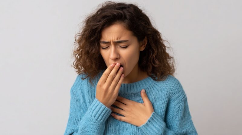 Person holding hand over mouth and chest appearing uneasy