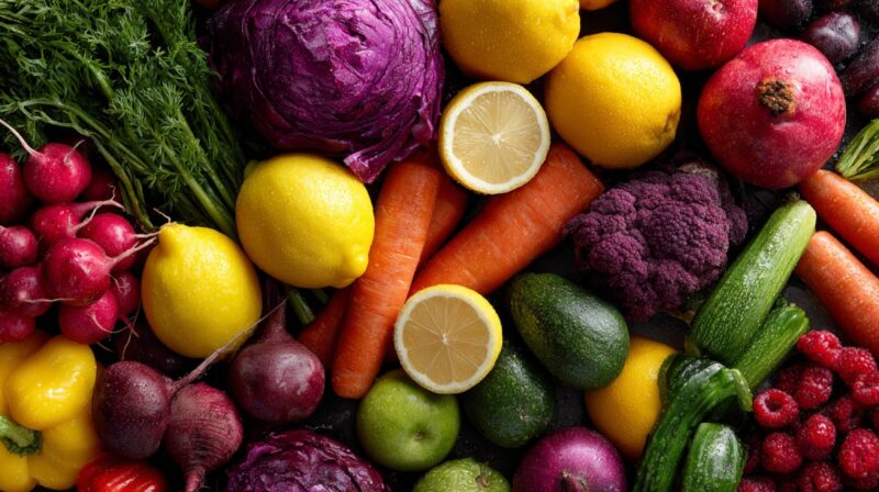 Assortment of fresh fruits and vegetables including carrots, lemons, cabbage, and radishes