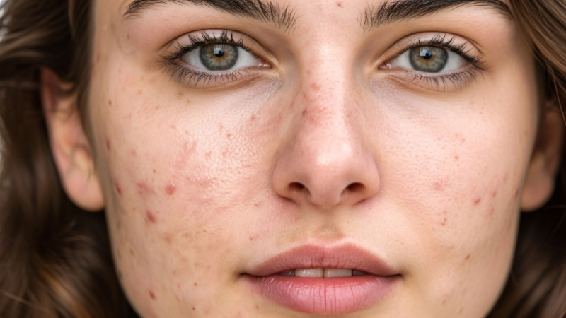 Close-up of a face with acne marks and dark spots on the cheeks and forehead