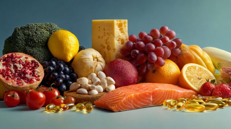 Variety of healthy foods including fruits vegetables fish cheese and supplements