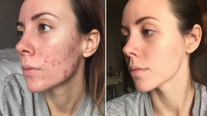 Side-by-side images of a woman’s face showing acne before treatment and significantly clearer skin after healing