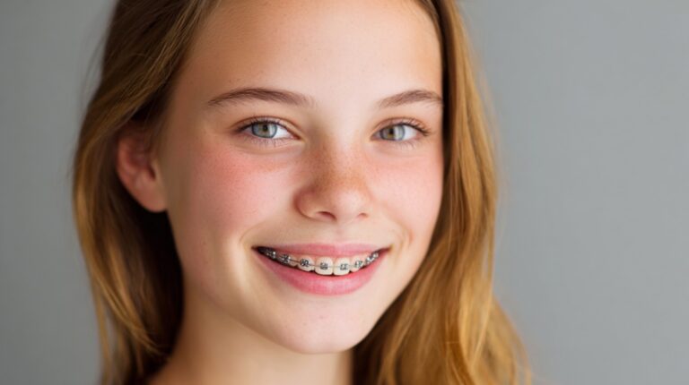 Smiling teenager wearing metal dental braces