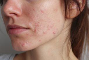 Close-up of a woman’s cheek showing inflamed acne breakouts along the jawline