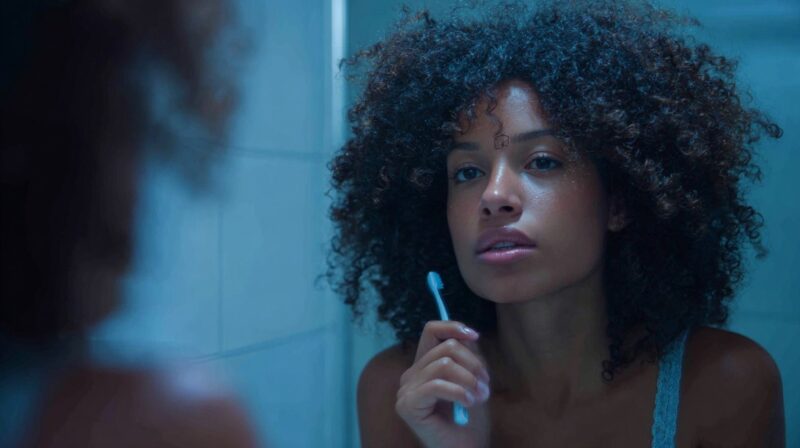 Person brushing teeth while looking in a mirror, maintaining oral hygiene with braces