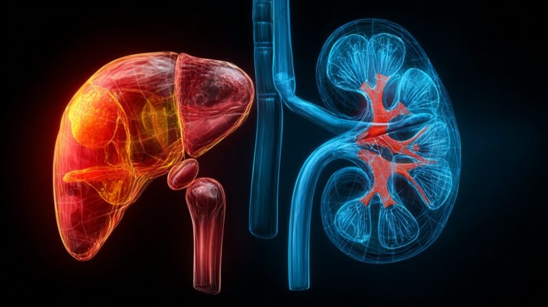 Illustration of a human liver and kidney highlighting internal structures