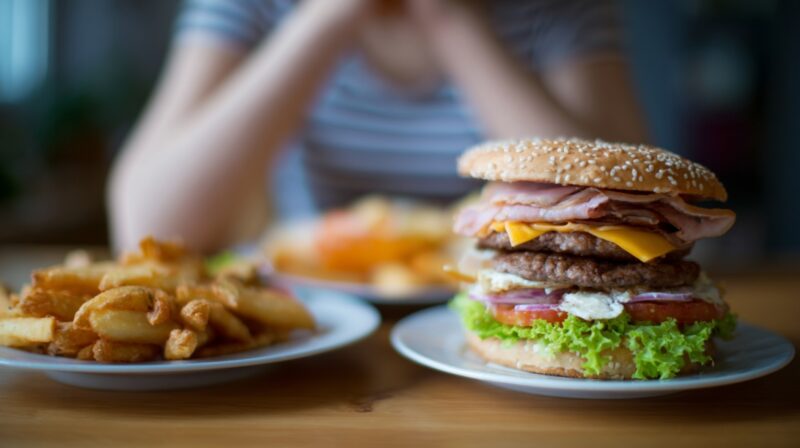 Large burger with fries on a table in front of a person.