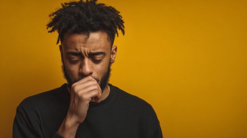 Person with hand over mouth appearing uncomfortable against a plain background