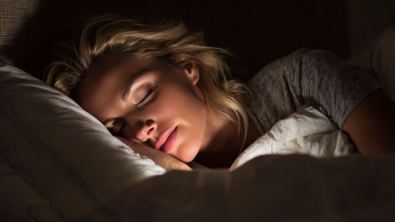 Woman sleeping in a dim room after adjusting her sleep schedule with proper light exposure