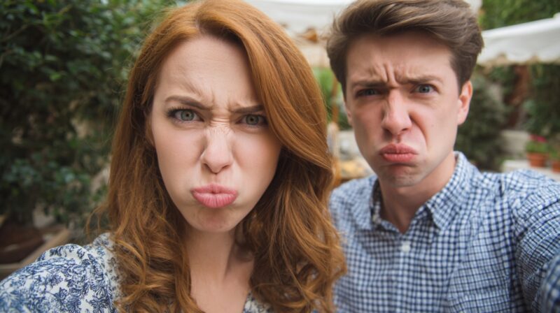 Man and woman making disgusted facial expressions outdoors