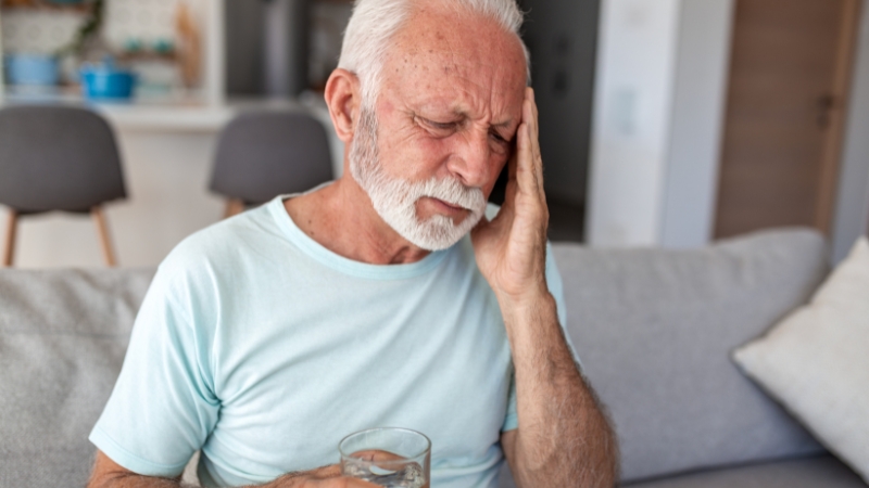 Older man holding his head and a glass of water, showing early dehydration symptoms