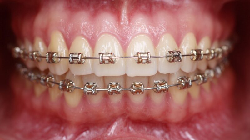 Close-up of teeth with metal braces and tightened orthodontic wire