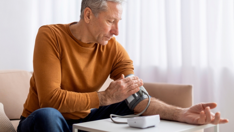 Man at home placing a blood pressure cuff on his arm to take a reading