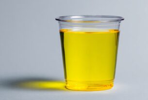 Cup filled with dark yellow liquid against a plain background