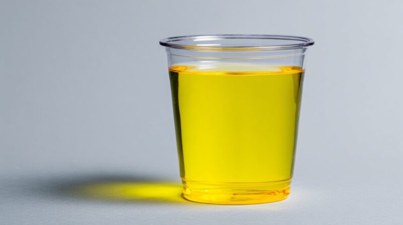 Cup filled with dark yellow liquid against a plain background