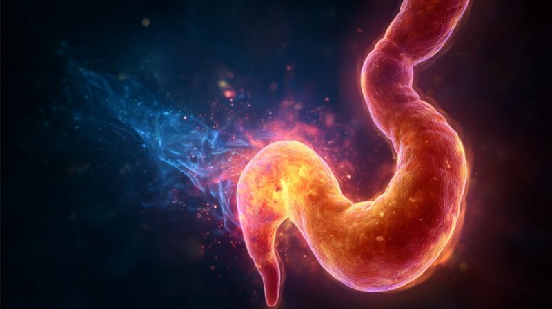 Illustration of a human stomach with glowing acid rising upward